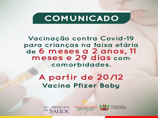 Vacinação contra Covid-19 para crianças na faixa etária de 6 meses a 2 anos, 11 meses e 29 dias com comorbidades