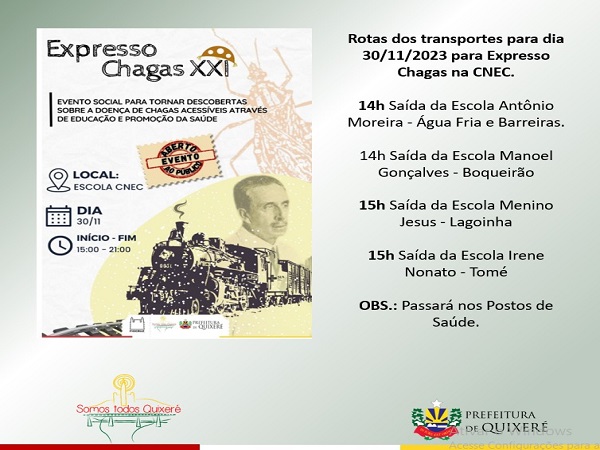 Transporte gratuito para o evento Expresso Chagas no dia 30 de novembro