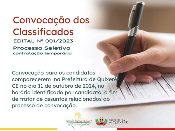 Prefeitura de Quixeré convoca candidatos aprovados em seleção pública para contratação temporária